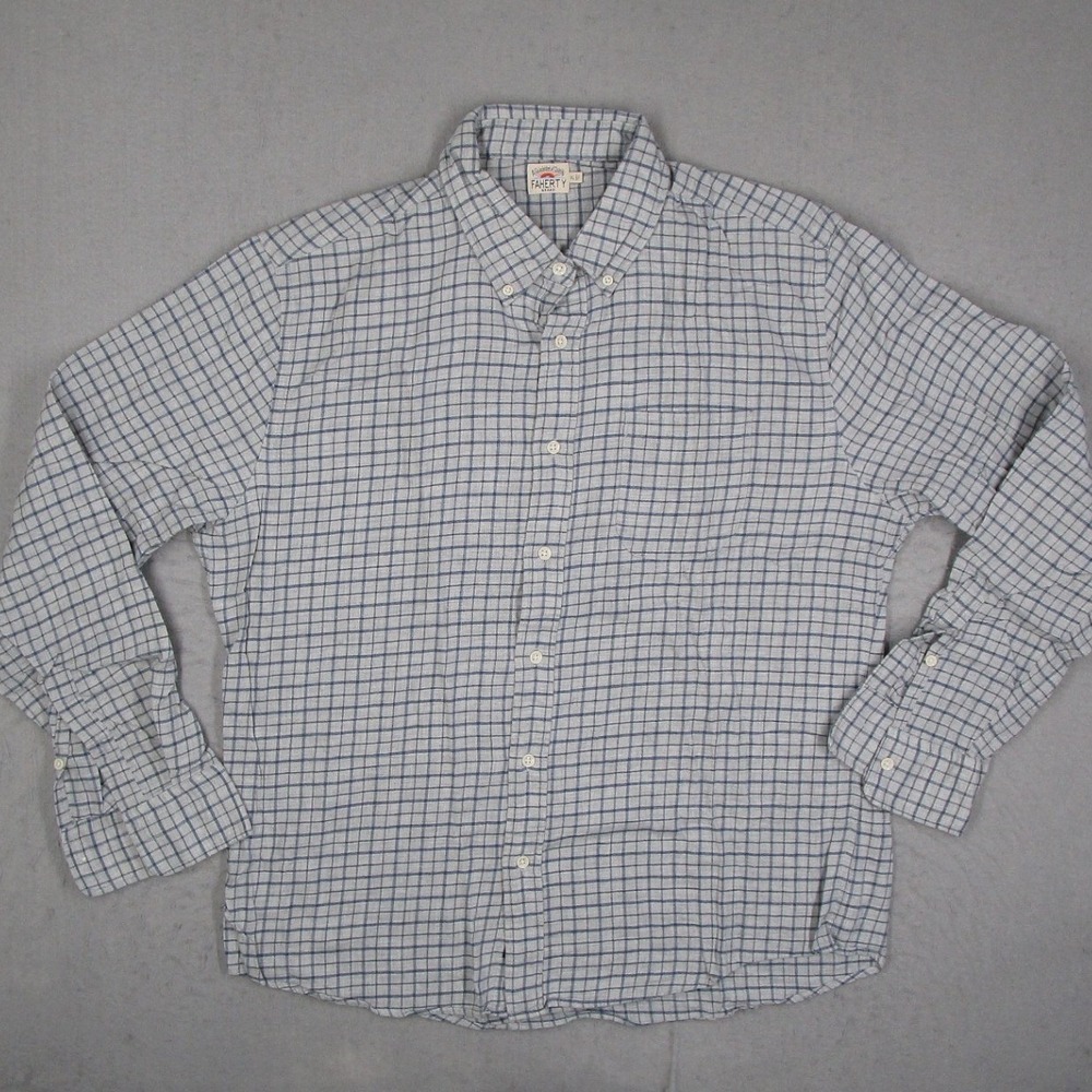 Faherty Brand Mens XL Blue Grey Windowpane Plaid Cotton Button Down Shirt L/S